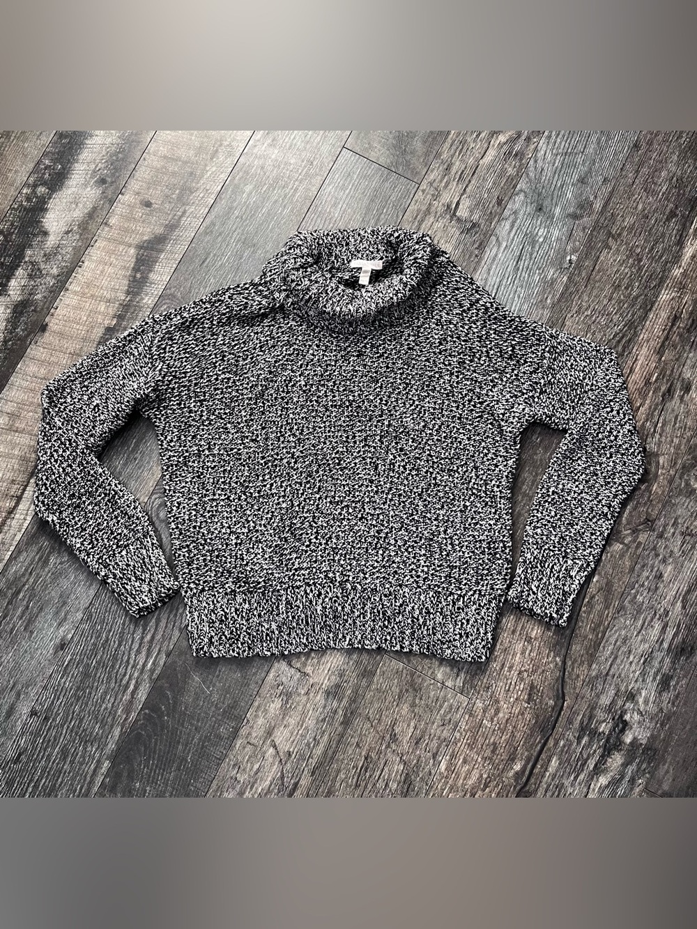 Eileen Fisher Cashmere Cotton Marled Turtleneck Sweater Black White -XS